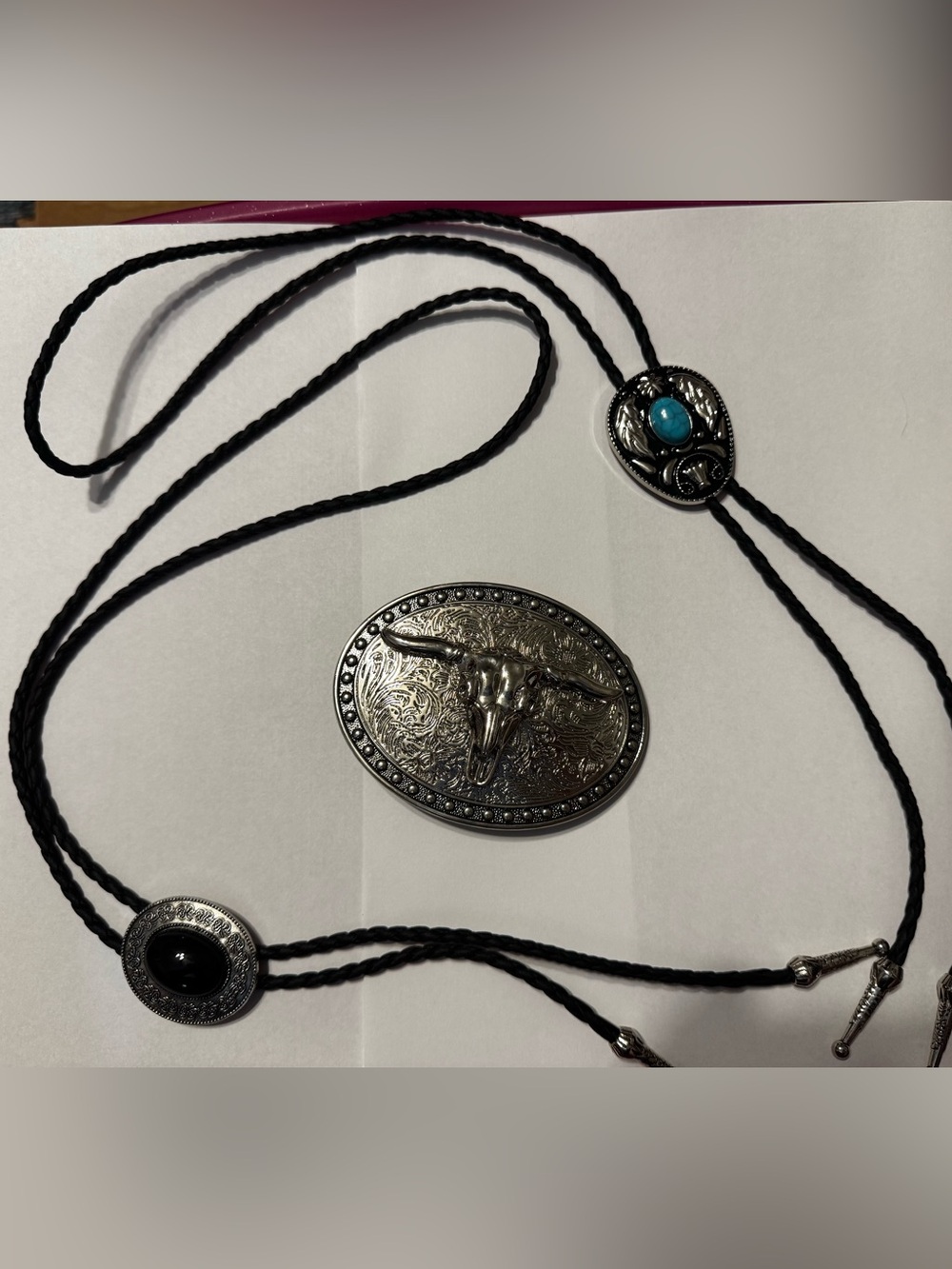 Western Bolo Tie & Belt Buckle Lot | 2 Bolo Ties + Silver Tone Buckle